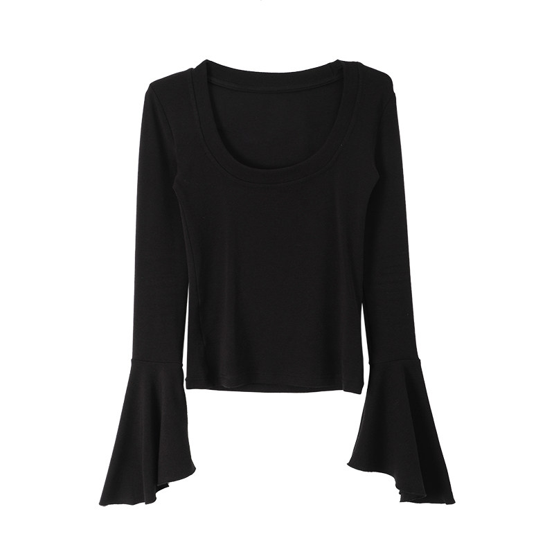 辣妹U领喇叭袖设计长袖T恤女2025春秋季新款修身显瘦上衣打底衫,淘宝优惠券,粉丝福利购,淘宝优惠卷