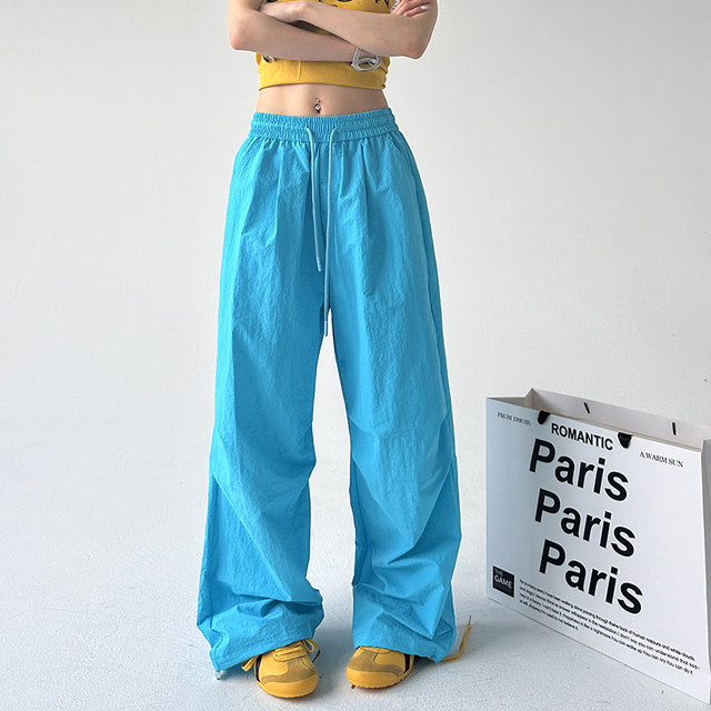 Lake blue retro paratrooper ໂດຍລວມ pants ຂາກວ້າງສໍາລັບແມ່ຍິງພາກຮຽນ spring ແລະ summer