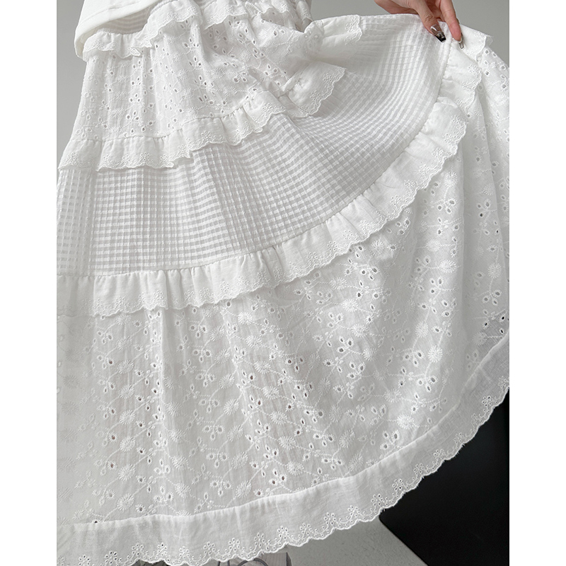 法式甜美蛋糕裙伞裙女2024年夏季百搭高腰白色蕾丝高个子半身裙子