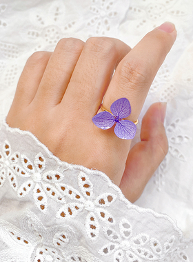 森系小清新绣球花戒指女开口可调节手工滴胶永生花真花三叶草指环