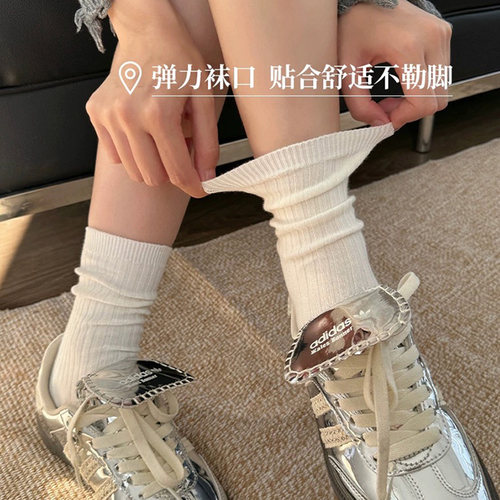 白色袜子女春秋薄款纯棉细针日系灰色长筒堆堆袜夏季奶白色中筒袜 - 图1