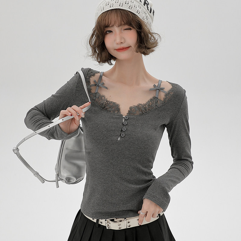 Girlyhalo辣妹长袖t恤女2024新款蕾丝吊带小众纯欲修身打底衫上衣,淘宝优惠券,粉丝福利购,淘宝优惠卷