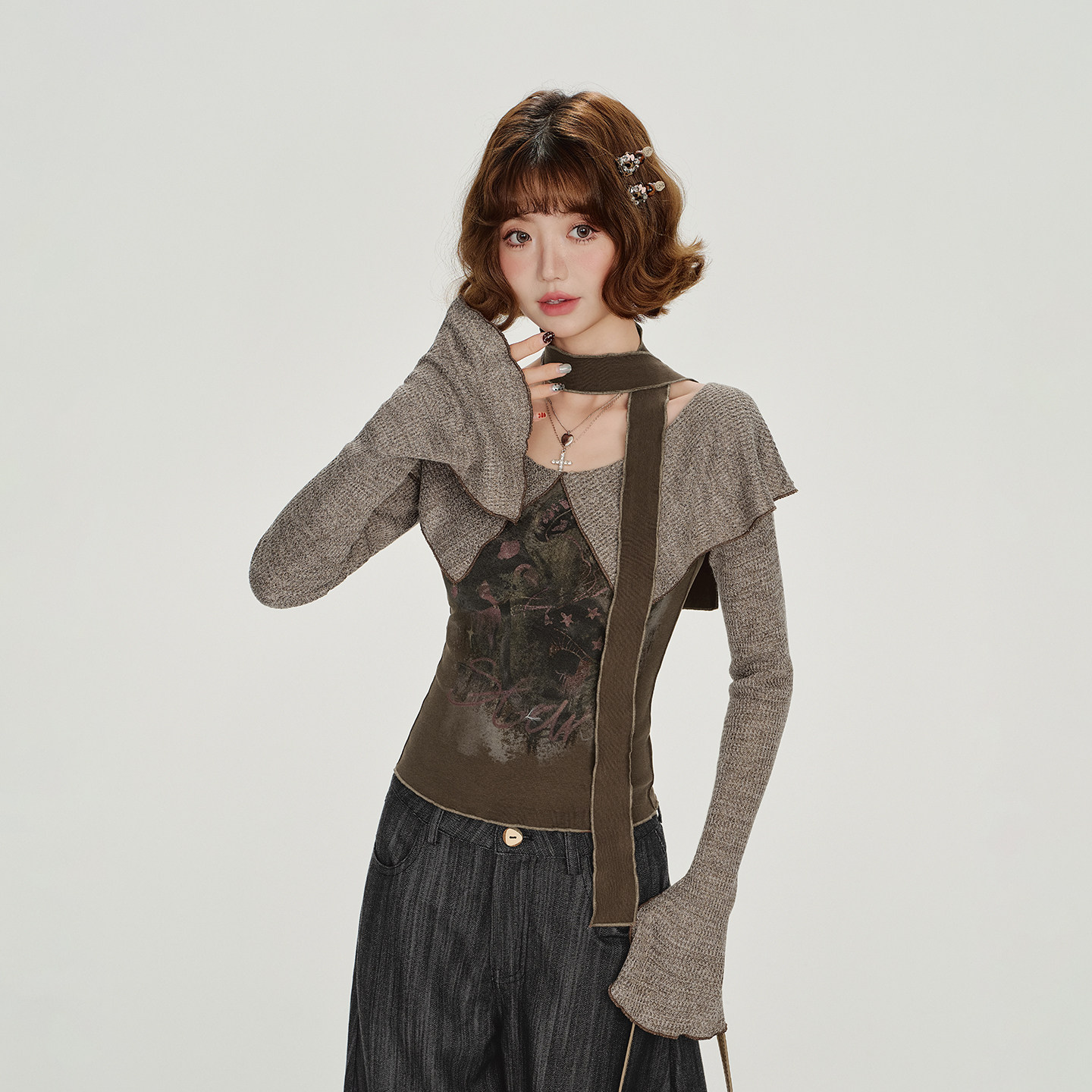 Girlyhalo美式复古印花大翻领长袖t恤女秋新款辣妹设计感修身上衣 - 图1