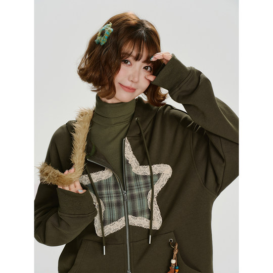 Girlyhalo美式复古花边连帽卫衣外套女秋季新款设计感宽松上衣