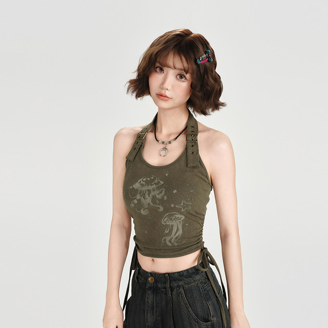 Girlhalo American retro hot girl halter sleeveless T-shirt vest women's summer new short slim slim top