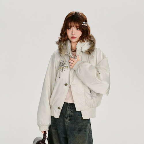 Girlyhalo美式复古印花毛领连帽白色短款棉服女冬季加厚保暖上衣 - 图0