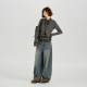 Girlyhalo American retro plaid splicing washed wide-leg jeans women's spring new trousers loose-leg straight