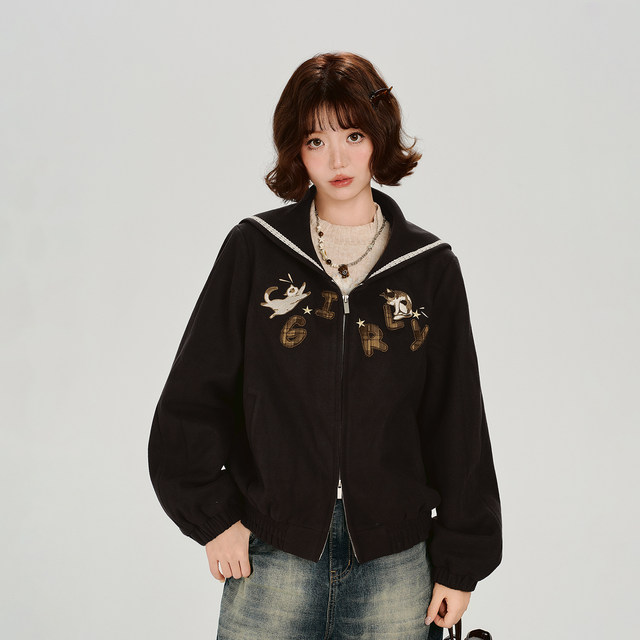 Girlyhalo American retro embroidered navy collar jacket ແມ່ຍິງດູໃບໄມ້ລົ່ນແລະລະດູຫນາວໃຫມ່ zipper ວ່າງສອງດ້ານເທິງ