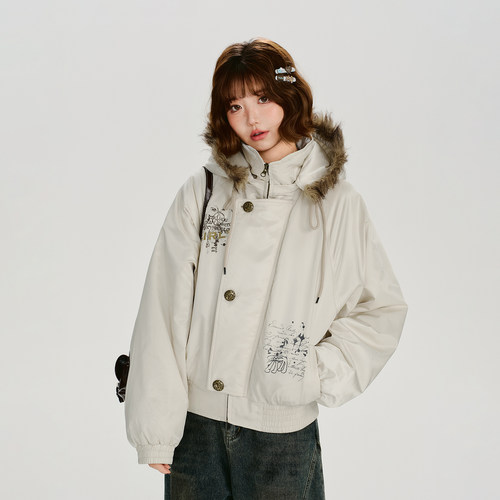 Girlyhalo美式复古印花毛领连帽白色短款棉服女冬季加厚保暖上衣 - 图1