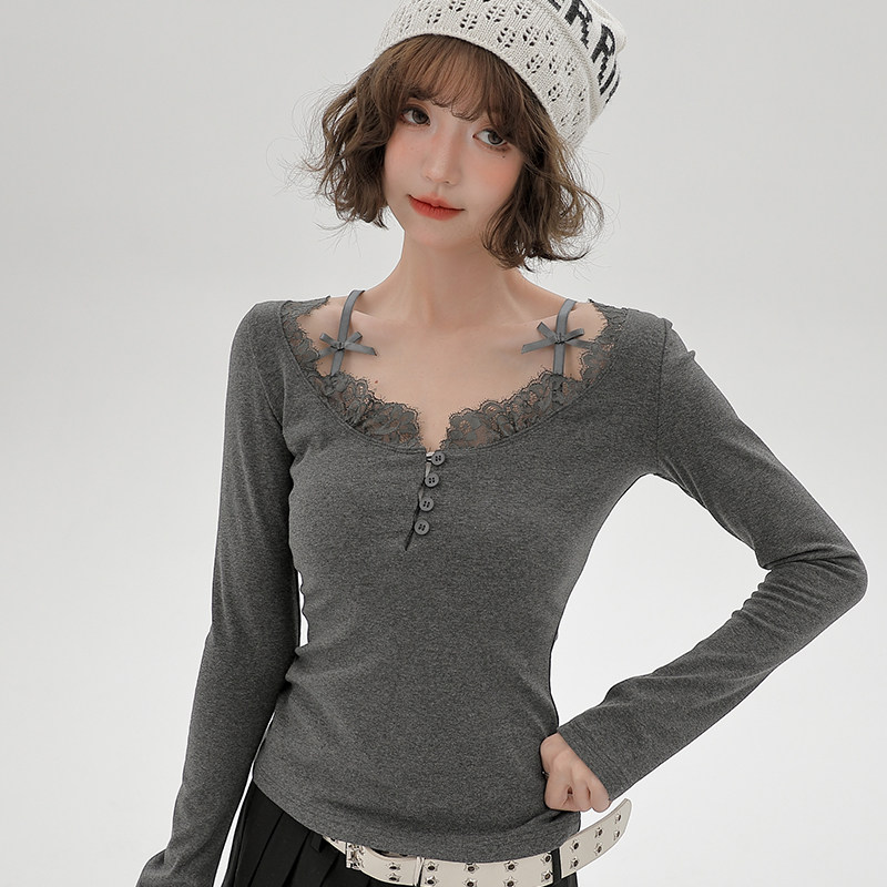 Girlyhalo辣妹长袖t恤女2024新款蕾丝吊带小众纯欲修身打底衫上衣,淘宝优惠券,粉丝福利购,淘宝优惠卷