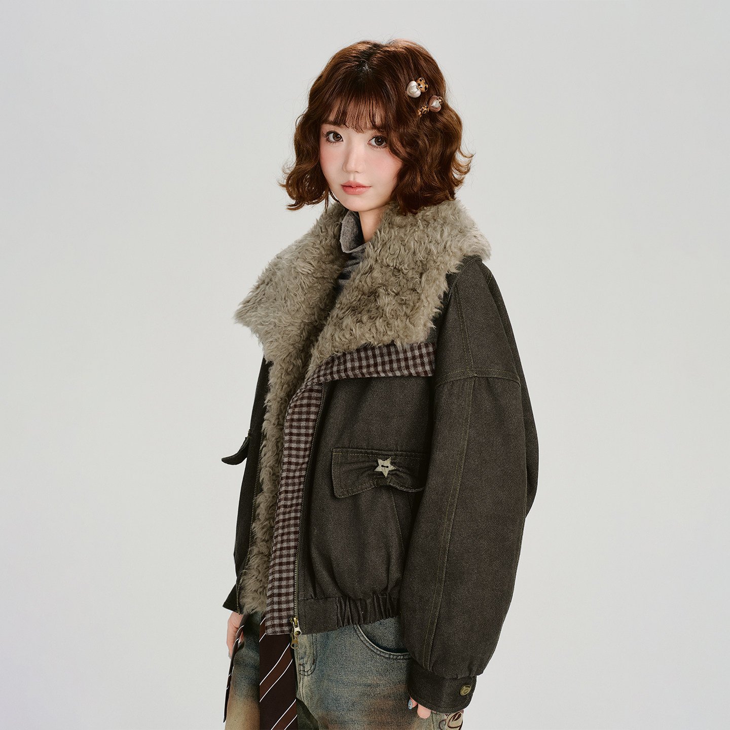 Girlyhalo美式复古翻领撞色拼接设计感夹克外套女冬新款加厚棉服,淘宝优惠券,粉丝福利购,淘宝优惠卷