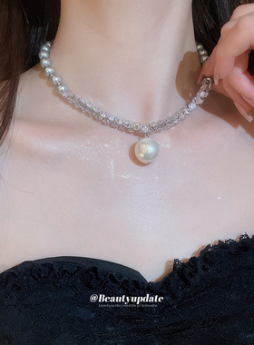 欧美新款灰色珍珠拼钻吊坠项链女