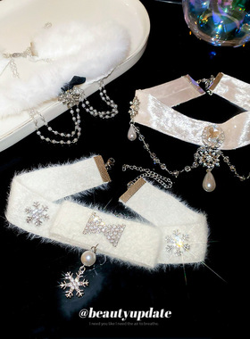 金丝绒镶钻雪花珍珠颈链甜酷风潮