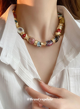 民族风陶瓷花朵项链小众复古夸张