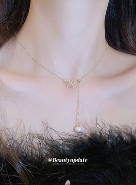 18k真金电镀锆石蝴蝶珍珠项链精