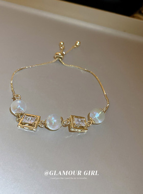 人鱼姬珍珠锆石方形抽拉式手链简约可调节手环时尚OL百搭气质手饰