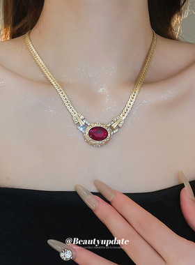 中古vintage镶钻椭圆项链女高级