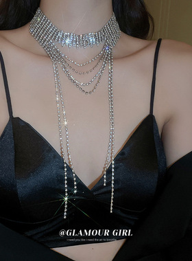 镶钻多层长款流苏颈链欧美个性夸张重工项链气质高级感时尚毛衣链