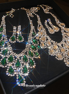 镶钻水滴流苏项链套装欧美高级感