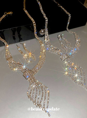 欧美树叶镶钻项链套装轻奢风高级