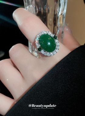祖母绿玛瑙锆石椭圆开口戒指新中