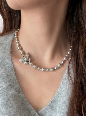 跨境串珠锆石蝴蝶珍珠项链秋冬轻