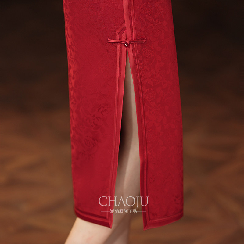 喜婆婆婚宴装2024新款旗袍红色秋冬款长袖礼服妈妈高端轻奢高级感