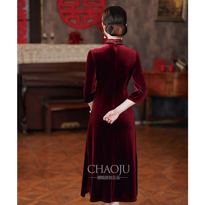 喜婆婆婚宴装2024新款妈妈高端礼服红色秋冬旗袍连衣裙小个子显高