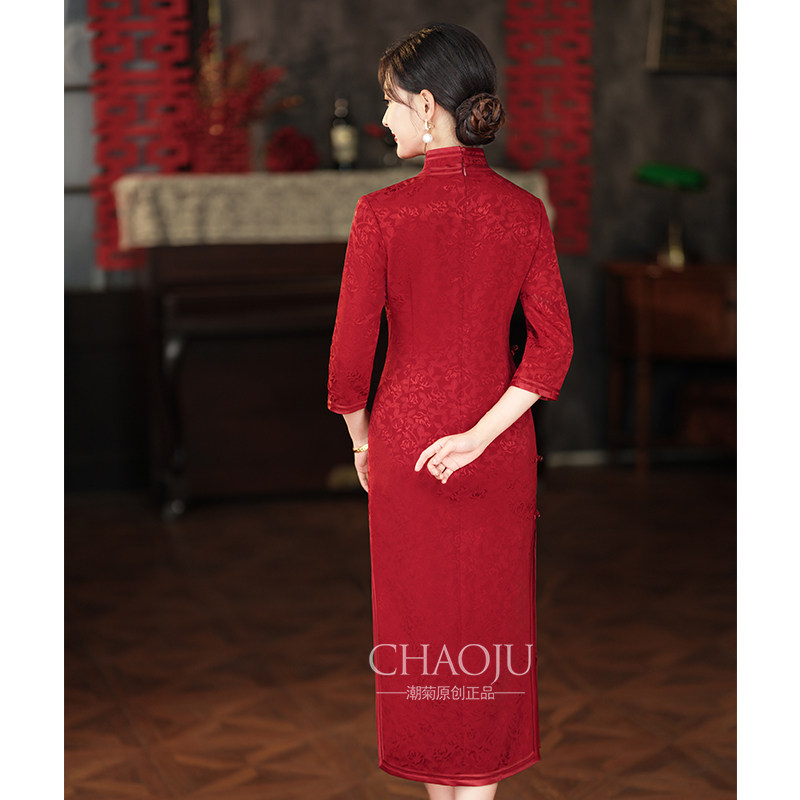 喜婆婆婚宴装2024新款旗袍红色秋冬款长袖礼服妈妈高端轻奢高级感