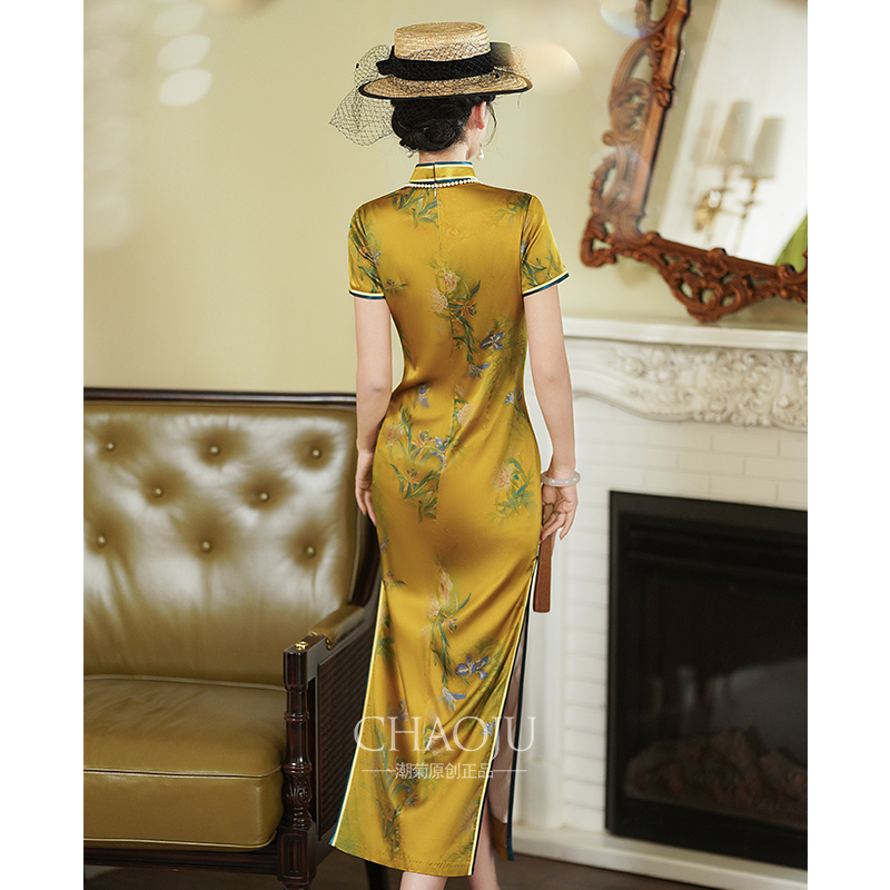 旗袍2024新款真丝桑蚕丝高端新中式走秀主持人年会礼服轻奢高级感