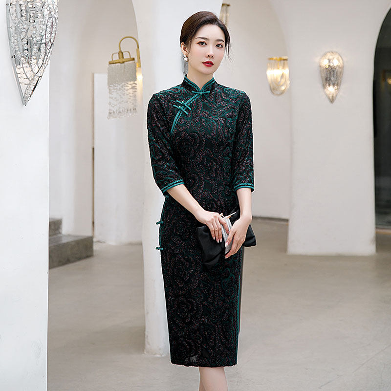 2021年新款秋冬款高端进口长袖旗袍 潮菊旗袍