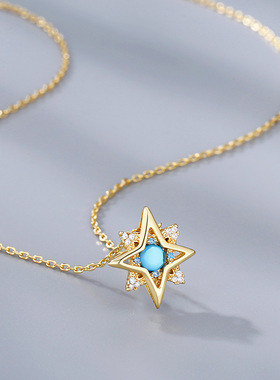925银女小众蓝色锆石四芒星项链