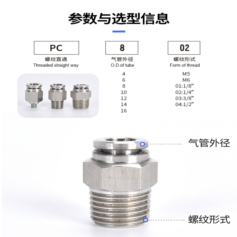 304不锈钢直通快速快插快气管PC接头螺纹气动高压气嘴气泵PC8-02