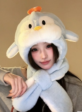 可爱小企鹅毛绒雷锋帽女秋冬季甜美显脸小加厚保暖防寒护耳帽子