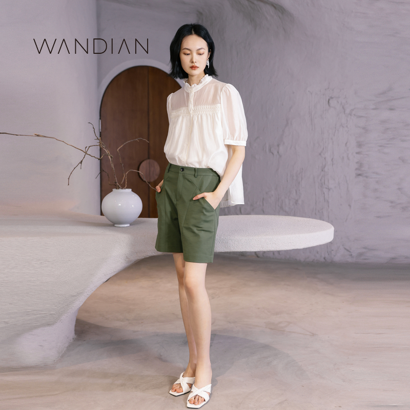 婉甸香槟米短袖上衣夏季新品宽松塔克工艺舒适小衫1232S15DJ5 - 图0