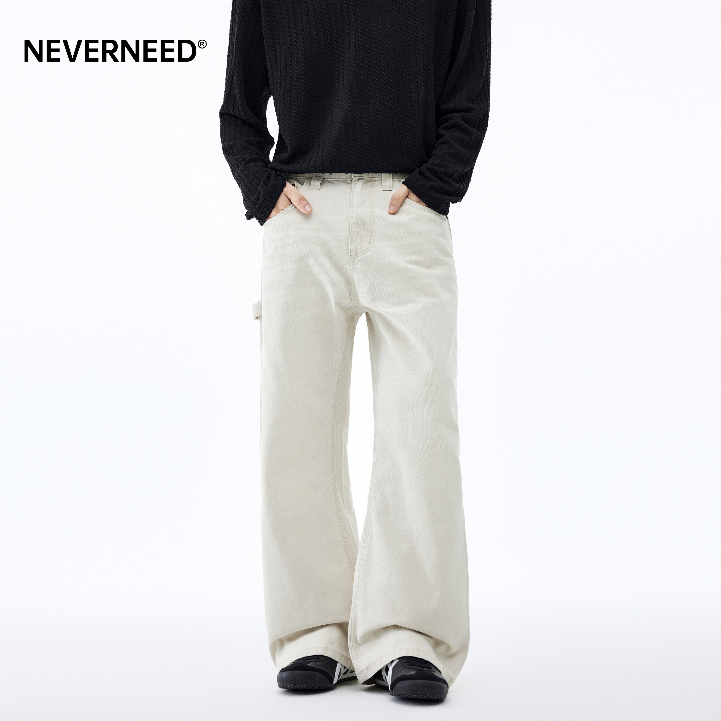 NEVERNEED纯棉直筒阔腿牛仔裤男女春季美式复古cleanfit微喇裤