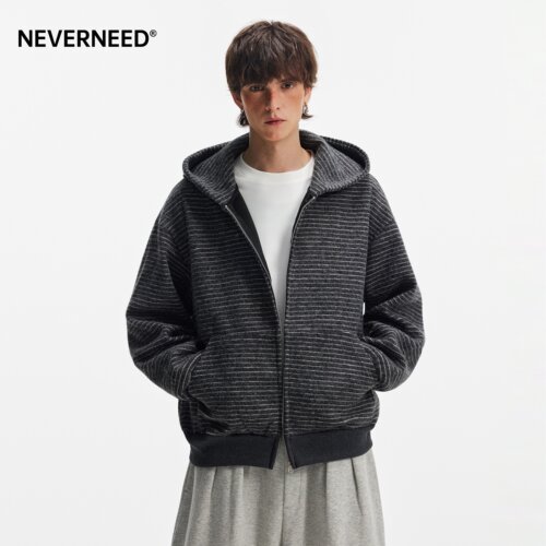 NEVERNEED美式复古cleanfit连帽卫衣男女重磅慵懒风条纹开衫外套 - 图0