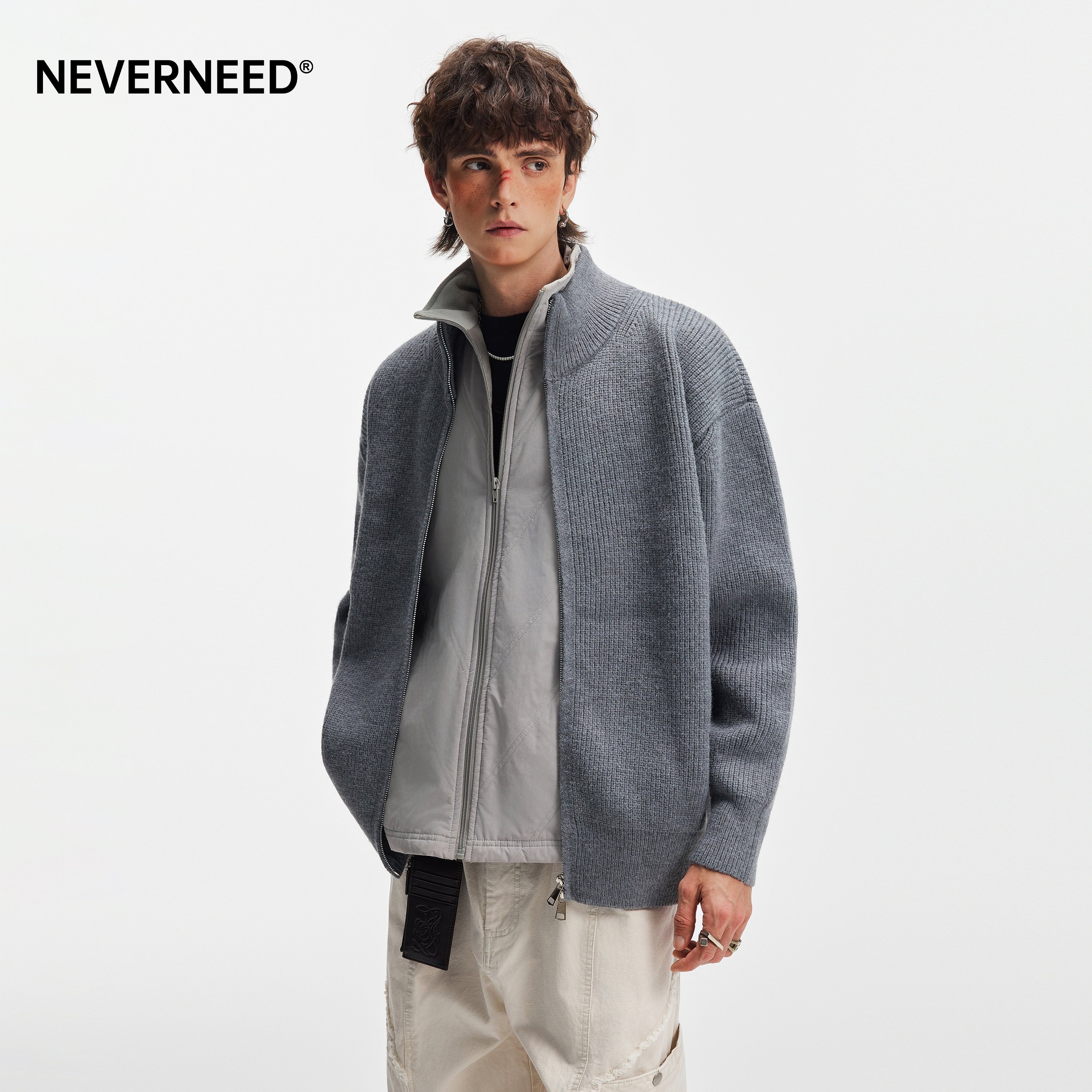 NEVERNEED双拉链立领开衫毛衣男女秋季美式cleanfit慵懒风针织衫,淘宝优惠券,粉丝福利购,淘宝优惠卷