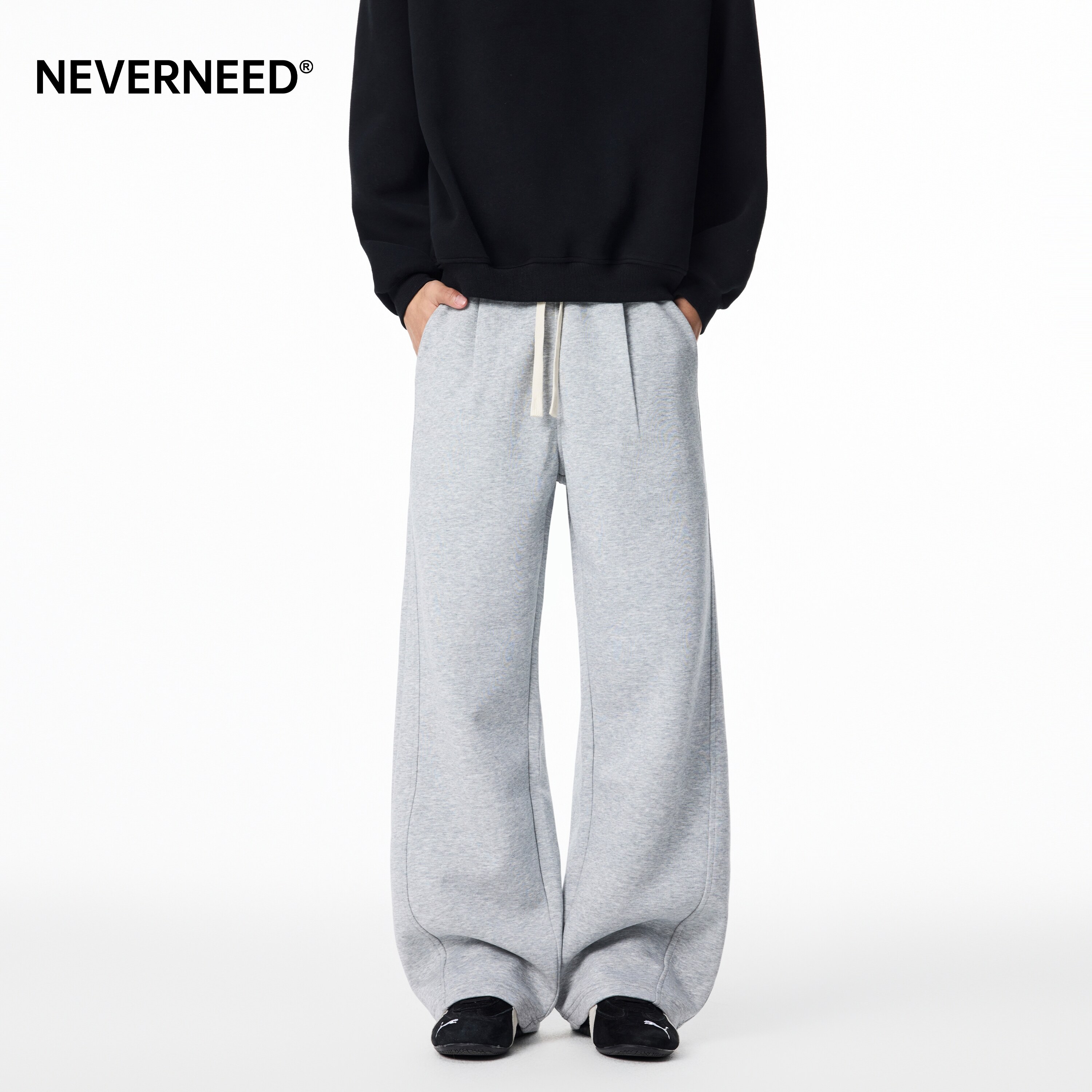 NEVERNEED宽松休闲加绒卫裤男女秋冬季美式垂感A字运动直筒长裤子,淘宝优惠券,粉丝福利购,淘宝优惠卷