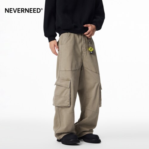 NEVERNEED水洗做旧直筒休闲裤男女秋季美式复古多口袋工装A字裤子 - 图2