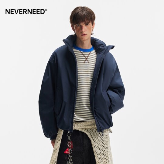 NEVERNEED solid color short stand collar cotton coat for men