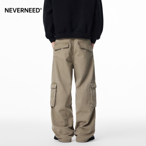 NEVERNEED水洗做旧直筒休闲裤男女秋季美式复古多口袋工装A字裤子 - 图3