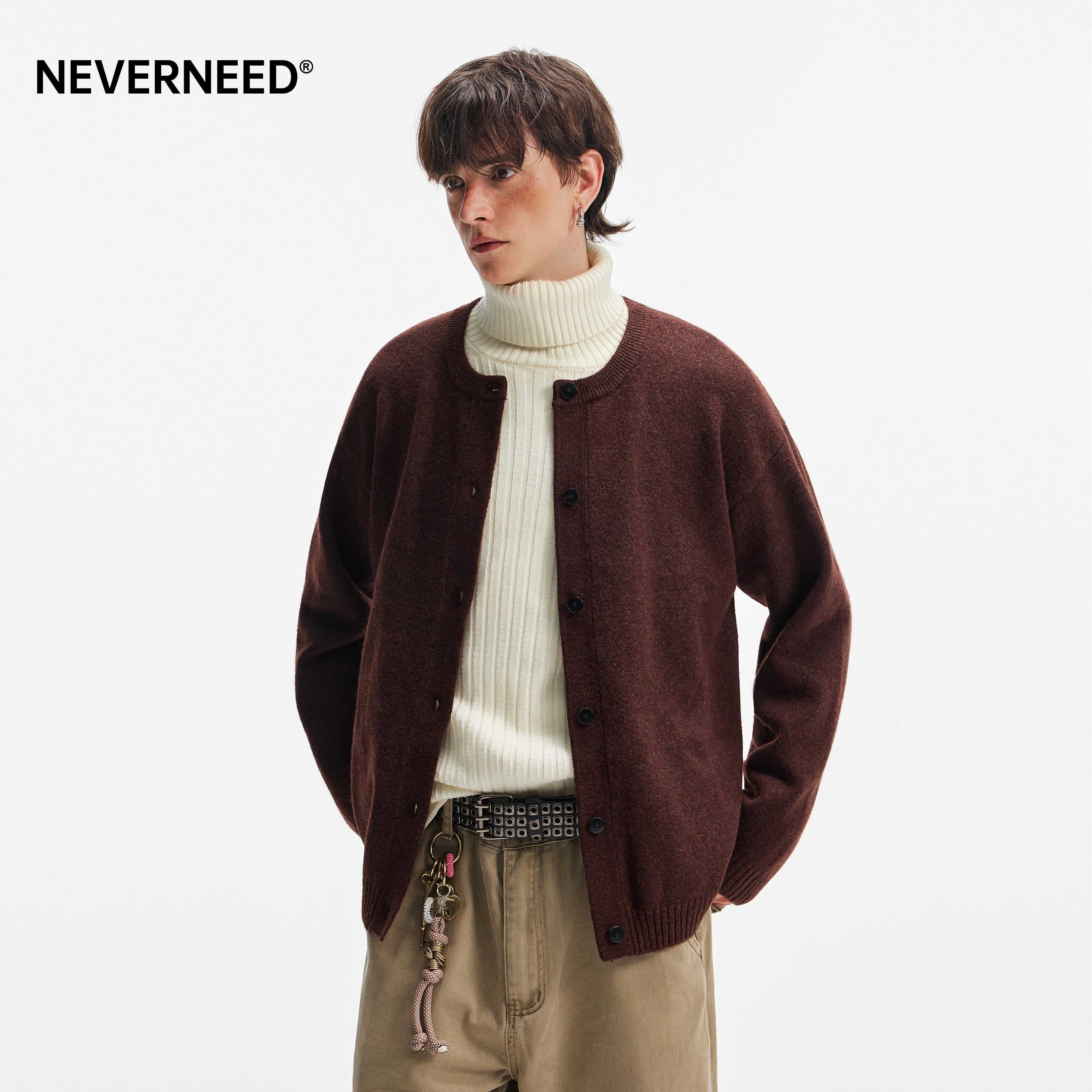 NEVERNEED含绵羊毛开衫圆领毛衣男女秋季美式慵懒风情侣针织外套,淘宝优惠券,粉丝福利购,淘宝优惠卷