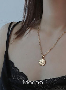 不掉色天使头像复古硬币项链