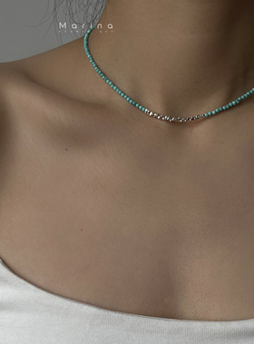 天然高瓷绿松石三角碎银子项链