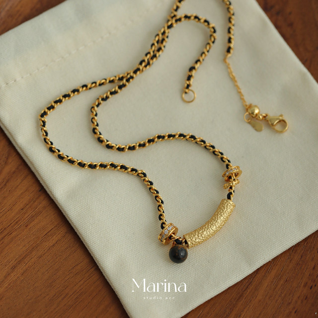 French style black gold braided tiger eye stone retro Maillard necklace clavicle chain niche high-end women