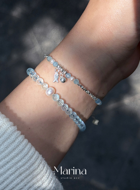 夏天的入口｜天然海蓝宝碎银子手作串珠手链通体s925纯银叠戴手串
