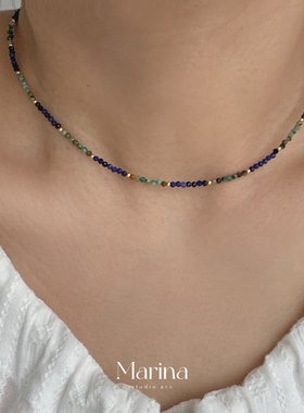 新中式极细青金石松石项链 手工串珠锁骨链克莱因蓝显白智性美学