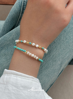 【夏日小溪】新中式绿松石珍珠手链复古叠戴手工串珠手串女小众
