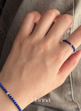 s925银天然青金石素圈戒指极细2mm 小众设计叠戴新中式细戒尾戒